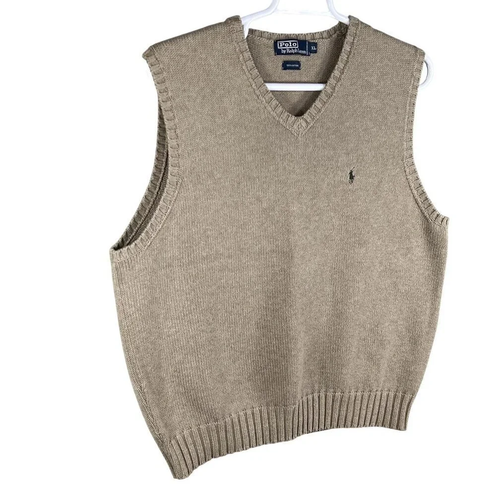 Polo Ralph Lauren Mens XL Tan Knit Sweater Vest Logo Golf Quiet Luxury Old Money
